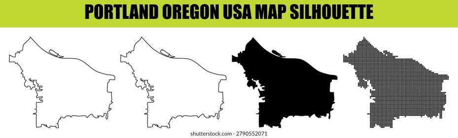 Professional vector set of Portland Oregon city boundaries featuring solid black and white shapes plus detailed line art and halftone dot grid illustrations for geography and mapping projects.