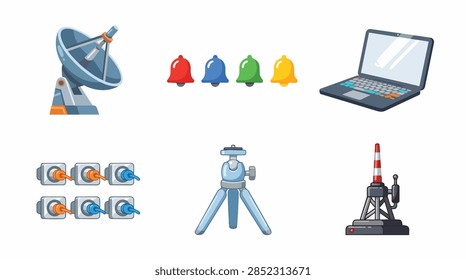 A professional vector sheet collection featuring a satellite dish, network repeaters, laptop with notification icons, and tripod with camera. This set includes various network-related icons and equipm