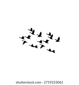 Silueta de Vector de Profesional de aves volando en una formación de grupo lineal estructurada. Gráficos negros nítidos de aves migratorias en vuelo, perfectos para diseños corporativos y ambientales.