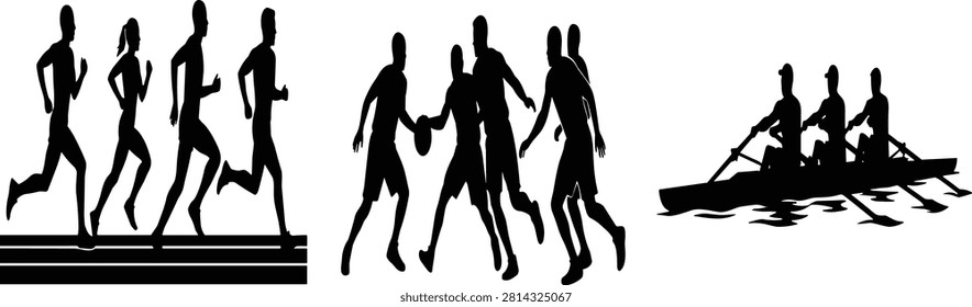 A professional vector silhouette collection featuring various sports activities including marathon runners, a basketball game, and a rowing team crew. This clean illustration is ideal for sports branding, athletic event promotions, and fitness marketing materials.