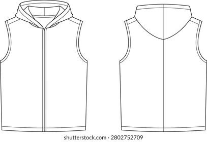 A professional vector technical flat sketch of a sleeveless hooded zip-up vest from image_54d060.png featuring front and back views. This clean line art template is ideal for apparel manufacturing, casual activewear mockups, and streetwear fashion tech pack development.