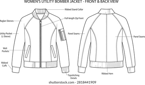 Professional vector technical flat sketch of a women's utility bomber jacket showcasing detailed front and back views with callouts. Designed for fashion designers and apparel manufacturers to create accurate clothing tech packs and mockups.Professional vector technical flat sketch of a women's utility bomber jacket showcasing detailed front and back views with callouts. Designed for fashion designers and apparel manufacturers to create accurate clothing tech packs and mockups.