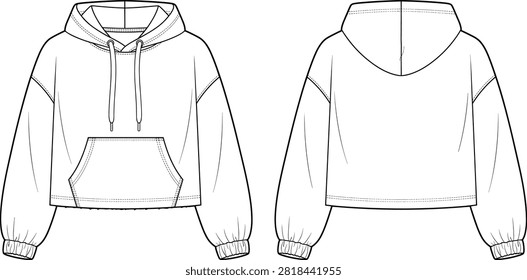 Professional vector technical flat sketch of a cropped hoodie featuring front and back views. Designed for fashion designers and apparel manufacturers to create clothing line mockups and tech packs.Professional vector technical flat sketch of a cropped hoodie featuring front and back views. Designed for fashion designers and apparel manufacturers to create clothing line mockups and tech packs.