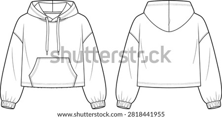 Professional vector technical flat sketch of a cropped hoodie featuring front and back views. Designed for fashion designers and apparel manufacturers to create clothing line mockups and tech packs.Professional vector technical flat sketch of a cropped hoodie featuring front and back views. Designed for fashion designers and apparel manufacturers to create clothing line mockups and tech packs.