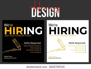 Professional vector template for we are hiring job vacancy announcement social media post design recruitment banner and employment promotion layout
