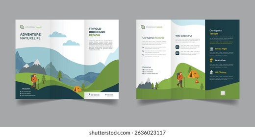 Professional vector trifold brochure with an outdoor adventure and nature hiking theme. Features clean layout, modern flat-style illustrations, Ideal for promoting travel agencies, camping services.