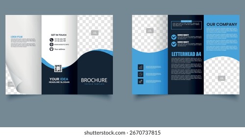 Plantilla de folletos triples de Vector de Profesional con un diseño moderno y limpio, Elementos de onda azul, diseño comercial y secciones editables.