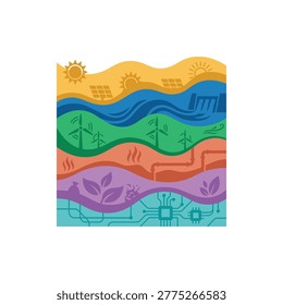 Professional vector of a unified renewable masterplan showing harmonic waves in six colors