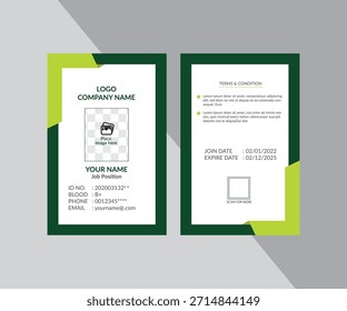 Plantilla de diseño de tarjeta de identificación y placa de Vertical de Profesional con acentos verdes modernos. Diseño Corporativa de la Identificación del empleado, archivo EPS de Vector fácilmente personalizable