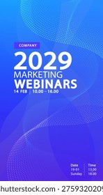 Professional vertical marketing webinar flyer template for social media story featuring a modern blue and purple gradient background with abstract white dotted wave and clean typography layout.