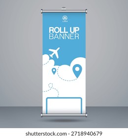 Plantilla de diseño de Anuncio de Vertical de Profesional con un tema de viaje con iconos de avión y ubicación