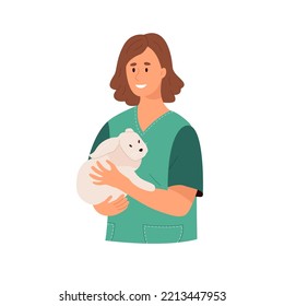 Professional vet doctor holding rabbit in hands, stroking animal and smiling. Young female veterinarian with cute bunny. Color flat vector illustration isolated on white background