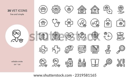 Professional Vet Icons Set. Pet Clinic, Animal Emergency, Hospital, Xray, Grooming, Dental, Hygiene, Recovery, Surgery, Ultrasound, Declawing. Editable Outline Collection.	 ストックフォト © 