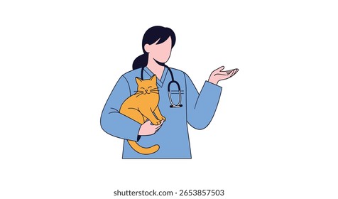 Veterinário profissional que cuida de um gato laranja adorável oferecendo aconselhamento médico especialista e tratamento gentil para a saúde e bem-estar animal