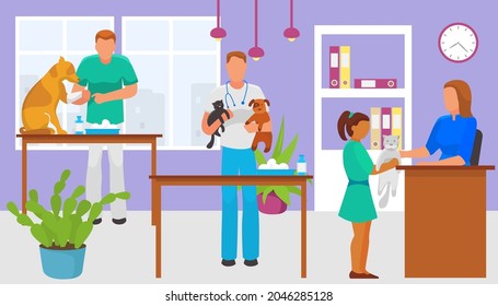 Professional veterinarian doctor character hold home pet kitty and puppy, vet medical clinic help domestic animal flat vector illustration banner.