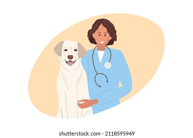 Professional veterinarian with pet. Doctor and Labrador Retriever. Dog sitting. Doctor wearing special blue medical clothes. Vet clinic, veterinary or hospital. Colored cartoon vector illustration