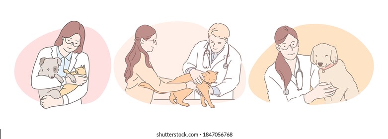 Professional veterinarian with pets during work concept. Young confident man and women doctors veterinarians in white uniform examining and curing dogs and cats in medical clinic offices 