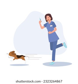 Professional veterinarian with pets. female veterinarian giving vaccine to dog but it escape. Flat vector cartoon illustration