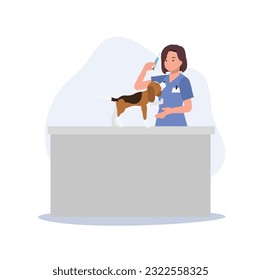 Veterinario profesional con mascotas. Veterinaria con jeringa. veterinaria femenina que va a dar la vacuna al perro. Ilustración de dibujos animados de vector plano