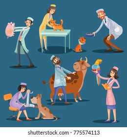 Professional veterinarians check health and take care of cute pets dog, puppy, cat, pig, cow, parrot. Man and woman doctor characters do medical examination of animals. Cartoon vector illustration