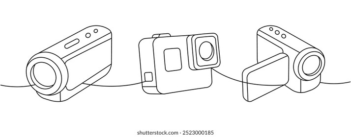 Professional video camera, action camera one line continuous drawing. Professional photo equipment. Vector linear illustration.