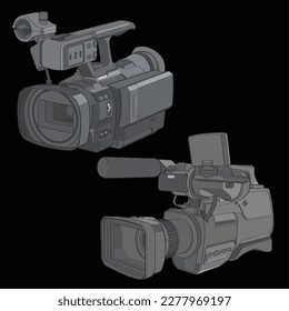 Professional video camera illustration set featuring camcorder and broadcast camera designs displayed in a dark presentation layout. Created for media production visuals, filmmaking presentations, editorial content, and creative technology projects. Suitable for commercial design and marketing use.
