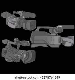 Conjunto de cámaras de vídeo sobre fondo negro. cámara de vídeo, ilustración vectorial para la placa de entrenamiento.
