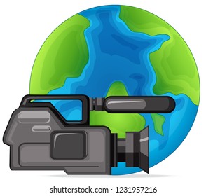 Professional video camera on globe illustration