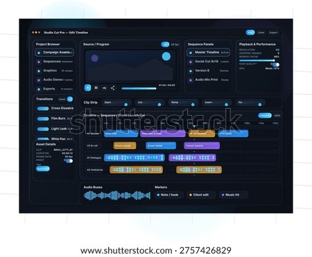 Professional video editing software interface showcasing a detailed timeline with multiple tracks, source monitor, and project management panels in a modern dark mode aesthetic.