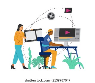 El editor de vídeo profesional y el diseñador de movimiento editan el vídeo, ilustración vectorial de caricatura plana aislada en fondo blanco. Diseño de movimiento y producción de contenido de vídeo.