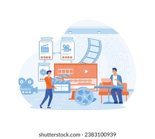 Professional video editor and motion designer edit the video. Flat vector modern illustration 