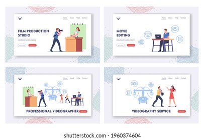Professional Videographer Landing Page Template Set. Television Crew Characters Recording Culinary Program on Video Camera. Woman Chef Cooking Dish on Fake Kitchen. Cartoon People Vector Illustration