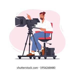 Professional Videographer Male Character Sitting on Special Platform with Camera Record Video or Movie Isolated on White Background. Mass Media Tv Show, Program Broadcast. Cartoon Vector Illustration