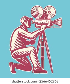 Professional videographer operating retro video camera. Television, cinema concept. Vector illustration