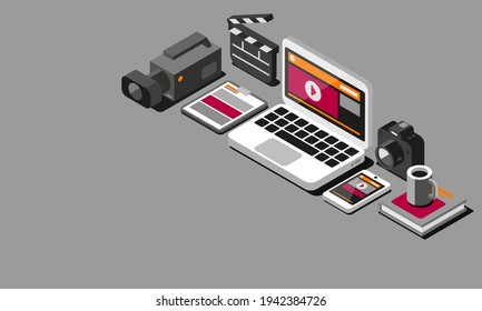 Professional videomaking equipment, laptop and smartphone, isometric 3D illustration