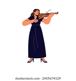 Professional violinist plays violin, viola on performance, classical music concert. Musician performs symphony with bowed string instrument. Flat isolated vector illustration on white background