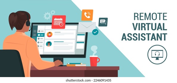 Professional virtual assistant sitting at desk and working with computer: she is talking with customers, replying to messages and planning