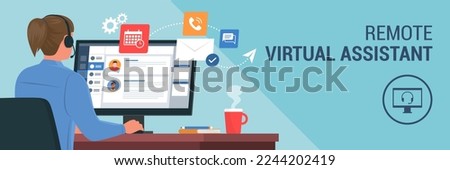 Professional virtual assistant sitting at desk and working with computer: she is talking with customers, replying to messages and planning