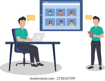 Ilustração profissional da reunião virtual e da colaboração remota da equipe no espaço de trabalho moderno