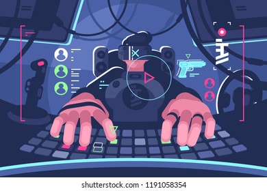 professional virtual reality computer gamer person. Man in vr glasses playing online game on pc. Flat style. Horizontal. Vector illustration.