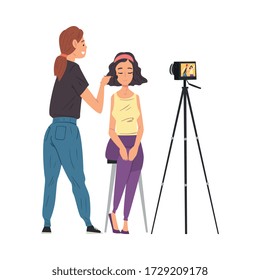 Professional Visagiste Making Makeup for Client and Recording Video Blog with Camera on Tripod, Blogger Showing Latest Trend Makeup Tutorials Cartoon Vector Illustration
