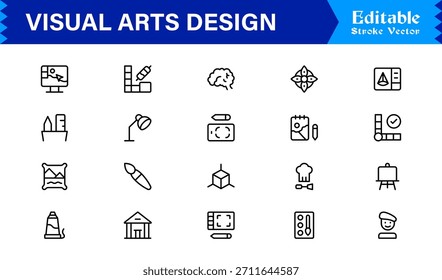 Paquete de iconos de línea de diseño de artes visuales de Profesional con iconos vectoriales minimalistas modernos para la industria creativa y proyectos digitales artísticos con contornos únicos y limpios