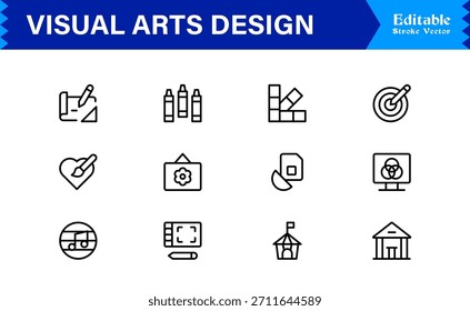 Paquete de iconos de línea de diseño de artes visuales de Profesional con iconos vectoriales minimalistas modernos para la industria creativa y proyectos digitales artísticos con contornos únicos y limpios