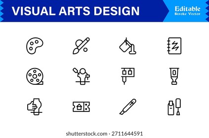 Professionelle Visual Arts Design Line Icon Pack mit modernen minimalistischen Vektorsymbolen für kreative Industrie und künstlerische digitale Projekte mit einzigartigen klaren Umrissen
