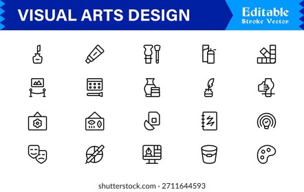 Professionelle Visual Arts Design Line Icon Pack mit modernen minimalistischen Vektorsymbolen für kreative Industrie und künstlerische digitale Projekte mit einzigartigen klaren Umrissen