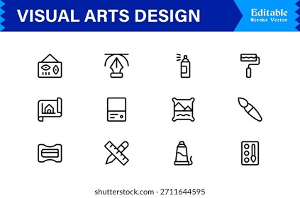 Professionelle Visual Arts Design Line Icon Pack mit modernen minimalistischen Vektorsymbolen für kreative Industrie und künstlerische digitale Projekte mit einzigartigen klaren Umrissen
