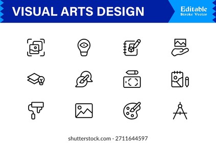 Paquete de iconos de línea de diseño de artes visuales de Profesional con iconos vectoriales minimalistas modernos para la industria creativa y proyectos digitales artísticos con contornos únicos y limpios