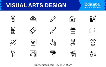 Professionelle Visual Arts Design Line Icon Pack mit modernen minimalistischen Vektorsymbolen für kreative Industrie und künstlerische digitale Projekte mit einzigartigen klaren Umrissen
