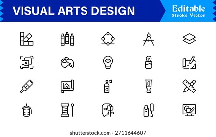 Professionelle Visual Arts Design Line Icon Pack mit modernen minimalistischen Vektorsymbolen für kreative Industrie und künstlerische digitale Projekte mit einzigartigen klaren Umrissen