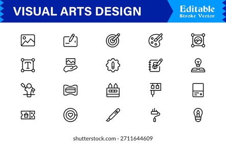 Paquete de iconos de línea de diseño de artes visuales de Profesional con iconos vectoriales minimalistas modernos para la industria creativa y proyectos digitales artísticos con contornos únicos y limpios